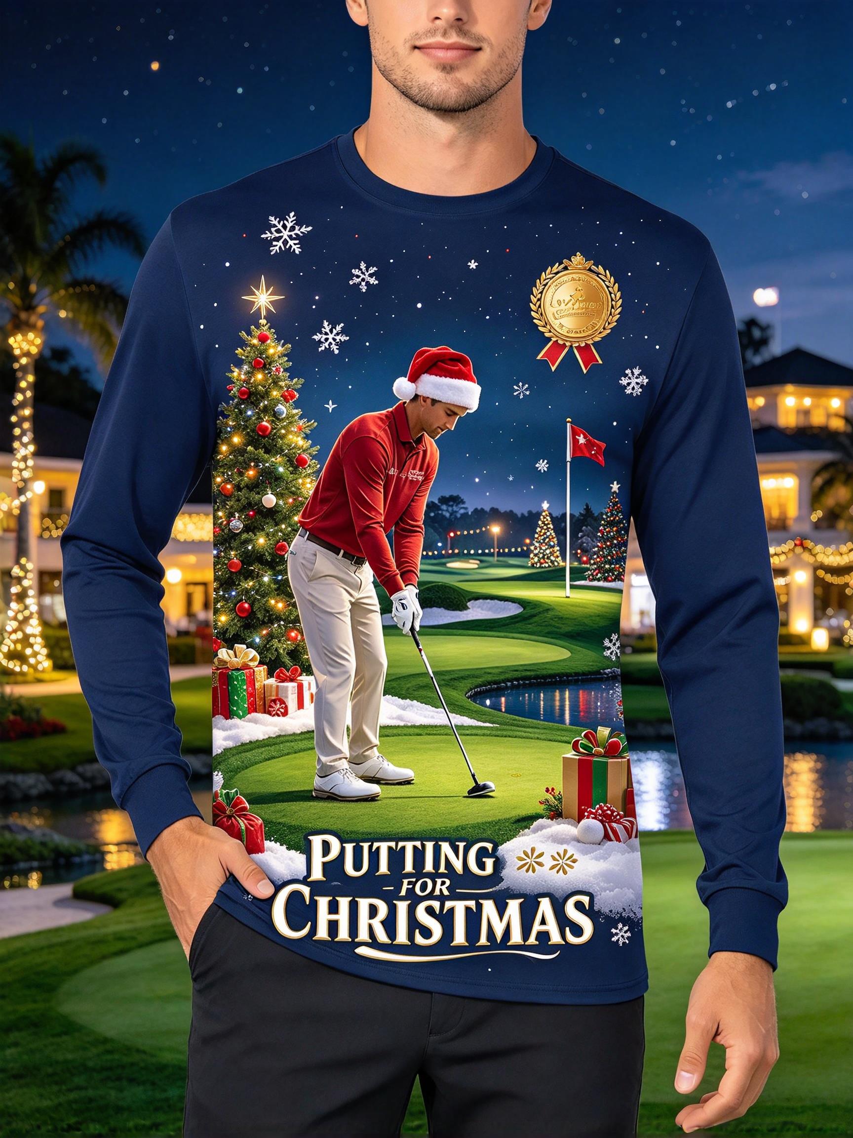 メンズ クリスマス柄 長袖Tシャツ、サンタのゴルファー、ゴル - Golf Tees のレビューと価格